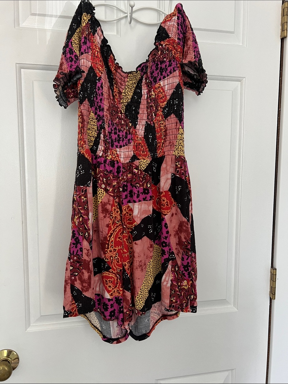 bp Multicolor Patchwork Print Puff Sleeve romper.